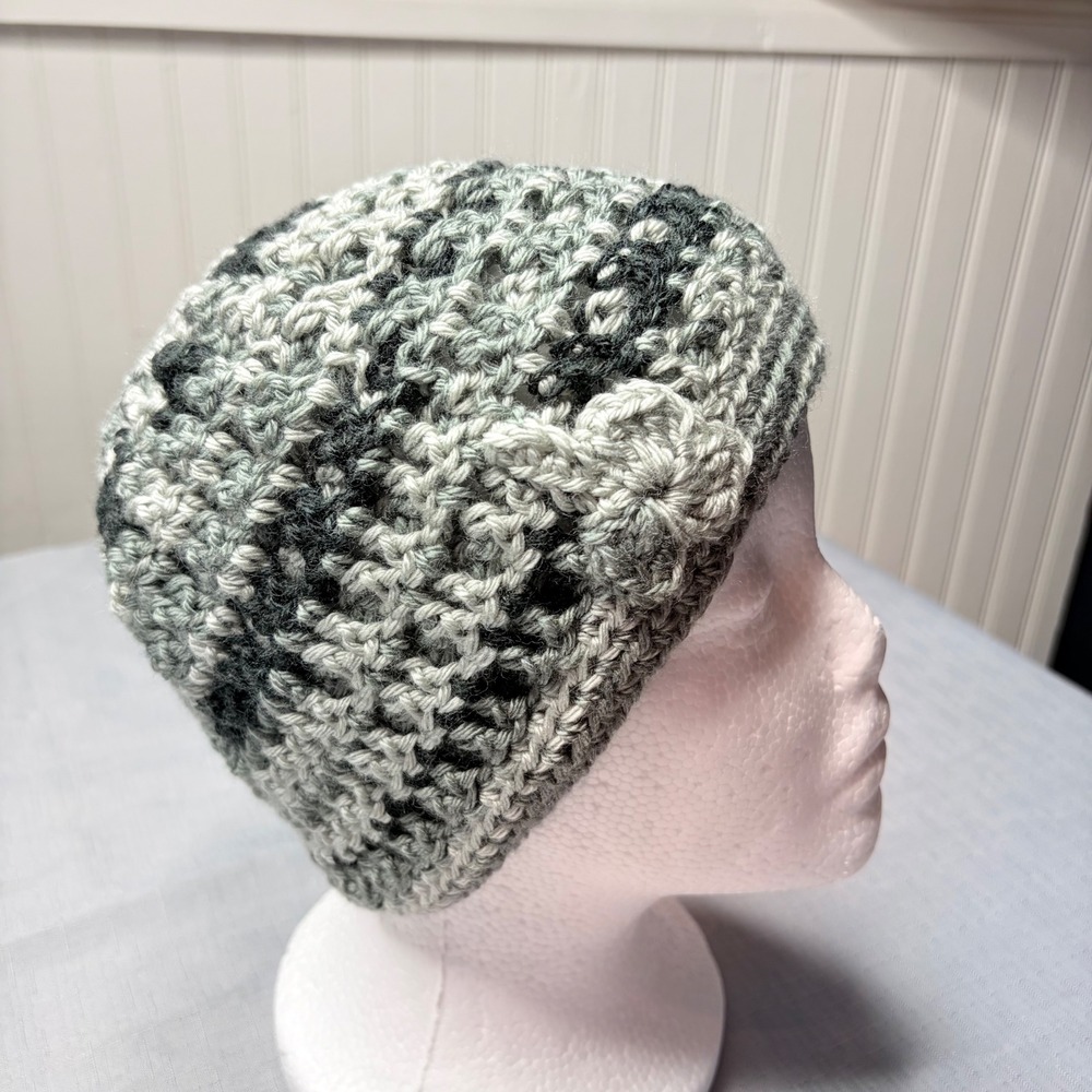 Handmade Crochet Beanie OS Gray Black Variegated Knit Flower Skull Cap
